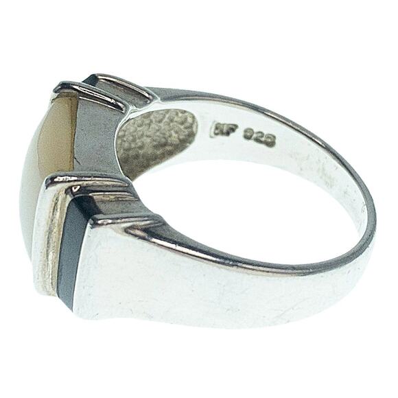 925 Sterling Silver Mother of Pearl & Onyx Inlay Ring Size 7 - Picture 2 of 10